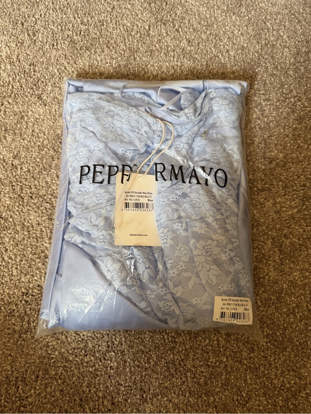 NWT Peppermayo Off-Shoulder Lace Long Sleeve Satin Maxi Dress in Light Blue 6 - Picture 4 of 4